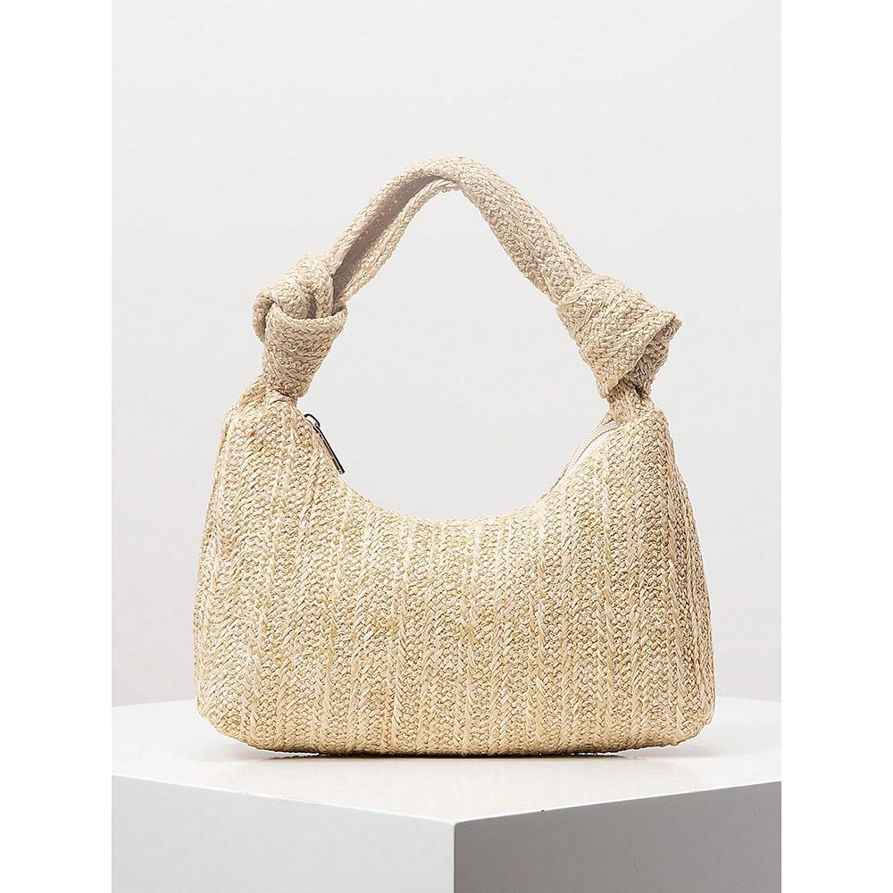 Damen-Baguette-Tasche aus Stroh im Bohemian-Strandurlaubsstil, Unterarmtasche, Handtasche, Umhängetasche, Griff im Knotendesign, leichte, lässige Alltagshandtasche, geeignet für Strandreisen, Urlaub und Shopping Lightinthebox