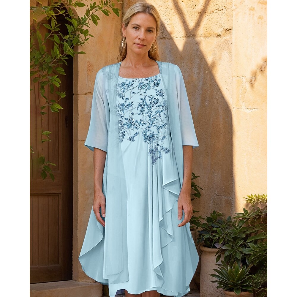 Zweiteilig A-Linie Brautmutterkleid Elegant Minimalistisch Glanz Glamour Rundhalsausschnitt Knielang Chiffon Spitze Halbarm Mit Schal Jackenkleider mit Perlenstickerei Rüschen Applikationen 2025 Lightinthebox