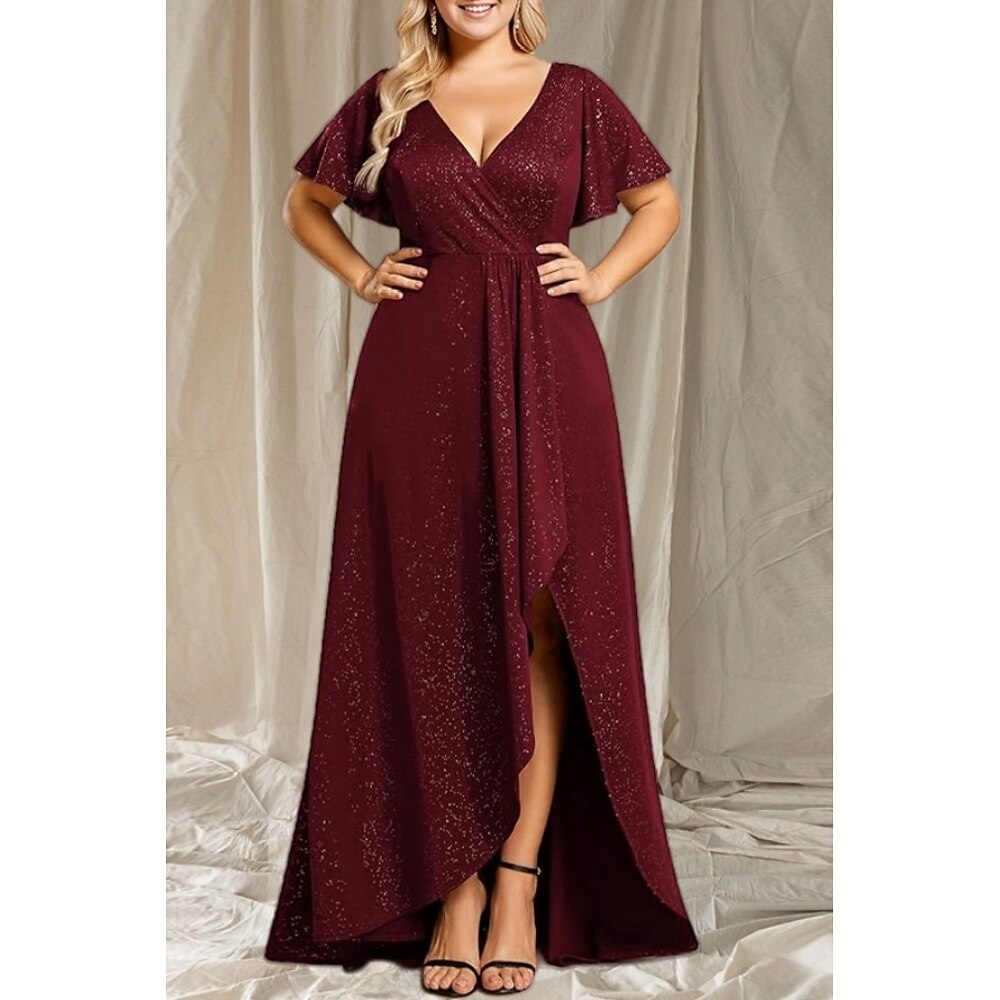 A-Linie Kleider für Hochzeitsgäste Elegant Kleid Hochzeitsgast Asymmetrisch Kurzarm V Ausschnitt Lurex Stoff mit Schlitz 2025 Lightinthebox