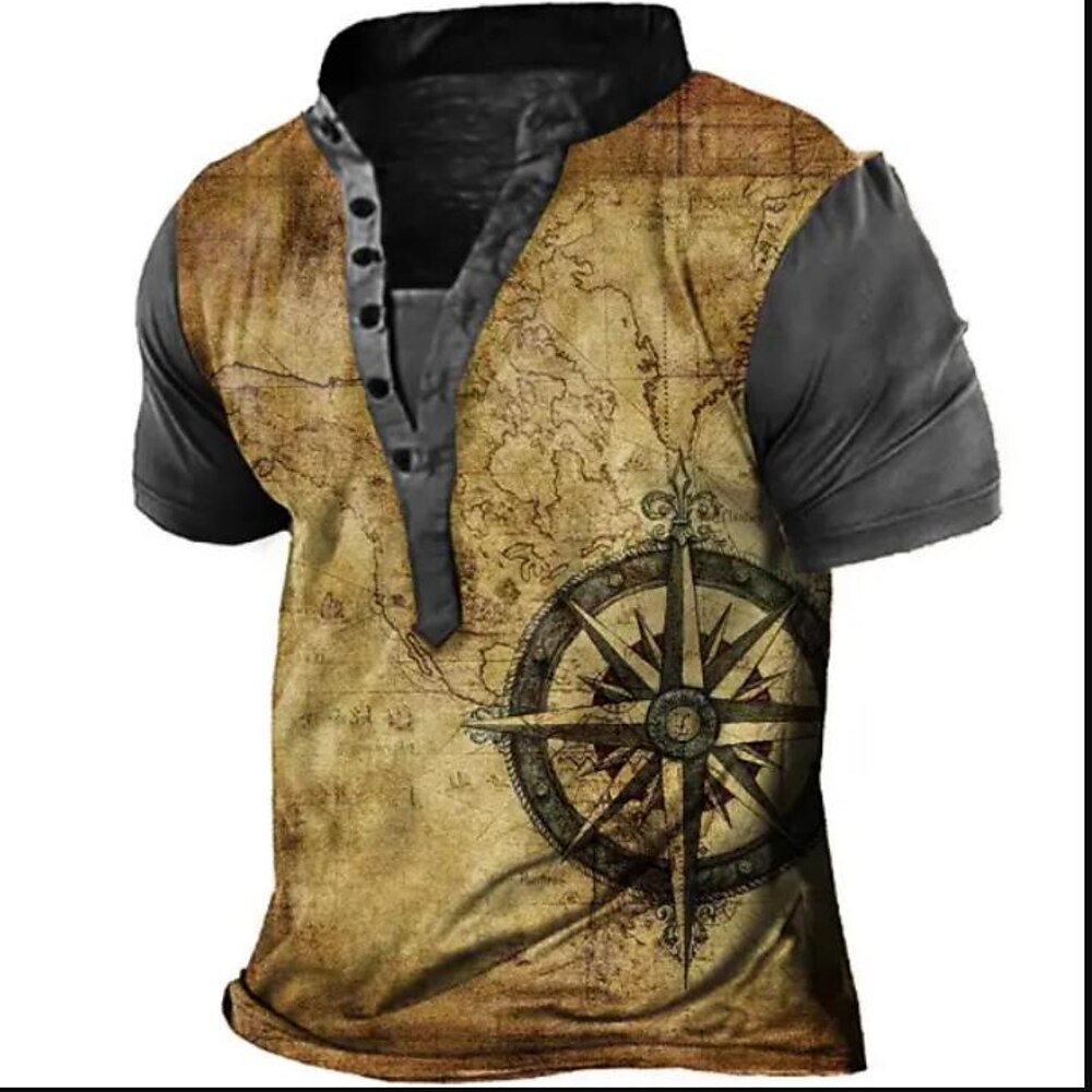 Herren Vintage Kompass T Shirt Henley Hemd T-Shirt Kurzarm Designer Basic Klassisch Outdoor Täglich Sport Sommer Blau Khaki Henley Henley T-Shirt Lightinthebox