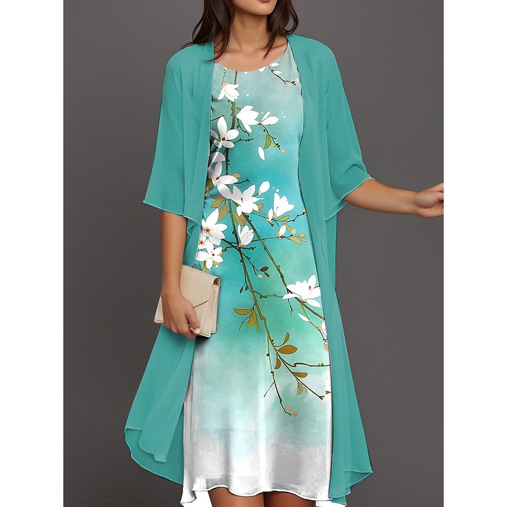 Damen Kleid-Set Sommerkleid Party Cocktail Blumen Druck Midikleid Halbarm Rundhalsausschnitt Hochzeitsgast Täglich Himmelblau Fuchsie Grün Sommer Frühling Lässiger Schnitt Lightinthebox