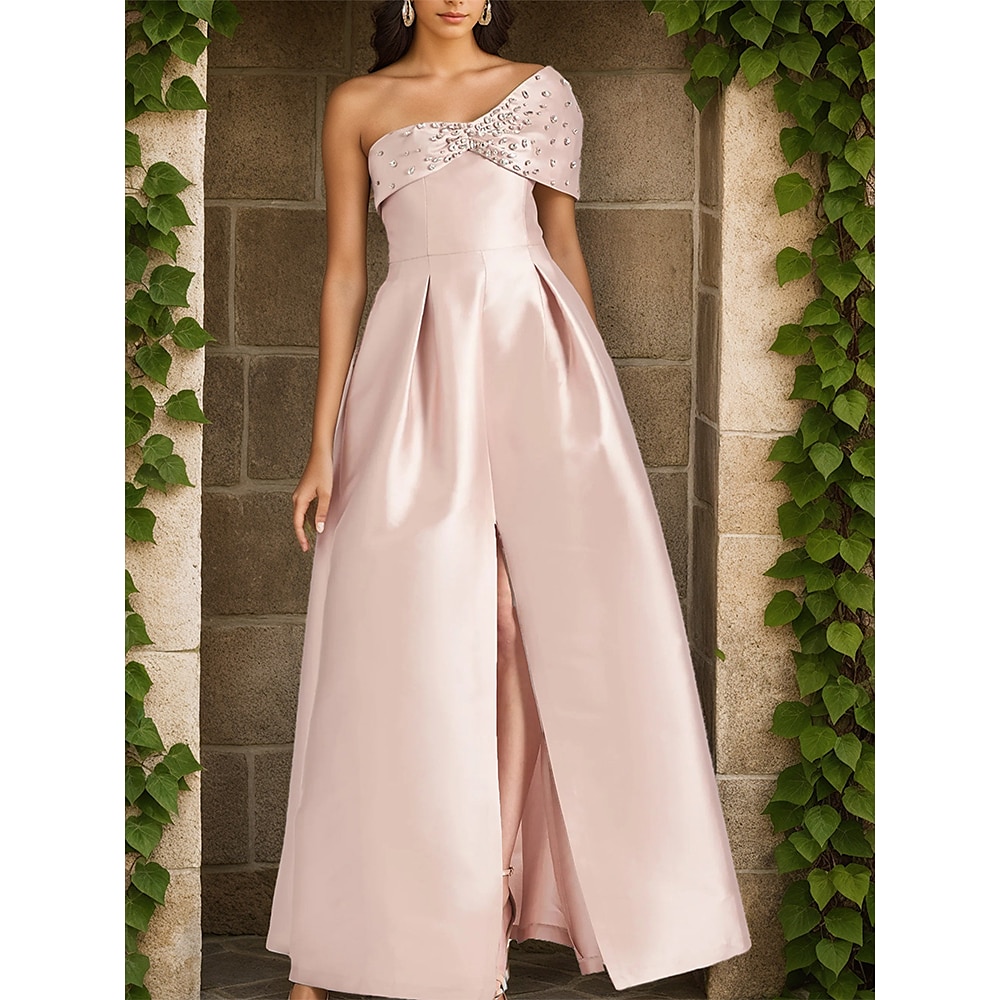A-Linie Abendkleid elegantes rosa Kleid formelle Hochzeitsgast bodenlang ärmellos schulterfrei Satin mit Schleife(n) Kristallen Schlitz 2025 Lightinthebox