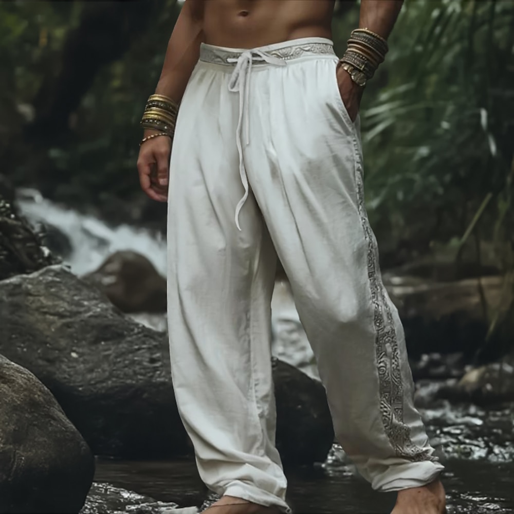 Herren Leinenhosen Hose Sommerhose Strandhose Patchwork Kordelzug Elastischer Bund Einfach Ethnisch Komfort Atmungsaktiv Volle Länge Outdoor Täglich Ferien Mode Retro Vintage Weiß Marineblau Lightinthebox