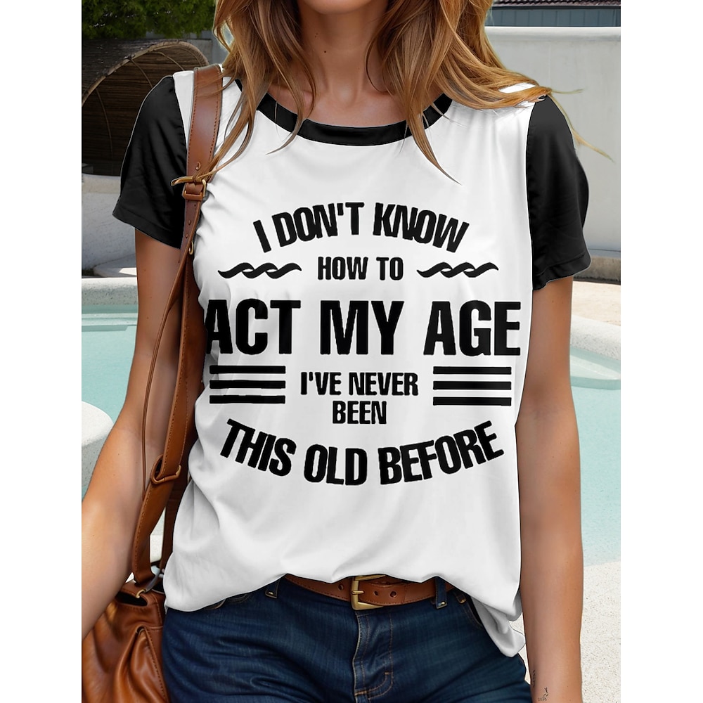Damen T Shirt Grafik Buchstabe Stilvoll Lässig Kurzarm Rundhals Normale Oberteile Täglich Wochenende Druck Schwarz Weiß Sommer Frühling Lightinthebox
