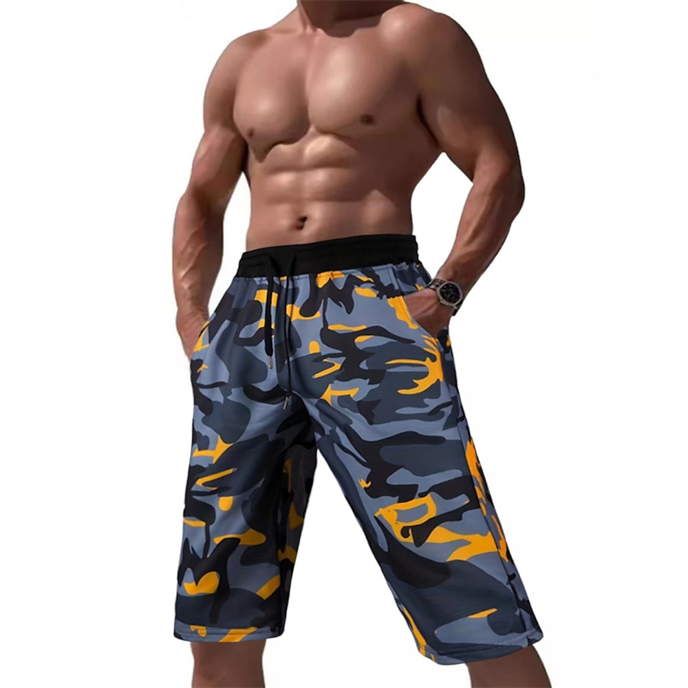 Herren Caprihose Sommershorts Tasche Kordelzug Elastischer Bund Grafik Tarnung Komfort Atmungsaktiv Wadenlang Outdoor Urlaub Sport Lässig Gelb Himmelblau Lightinthebox