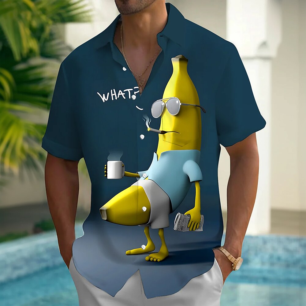 Herren Lustig Banane Hemd Freizeithemd Knopfhemd Kurzarm Modisch lässig Urlaub Ferien Streetwear Sommer Frühling Umlegekragen 3D-Druck Hemden mit Kragen Eine Tasche vorne Dunkelblau Lightinthebox