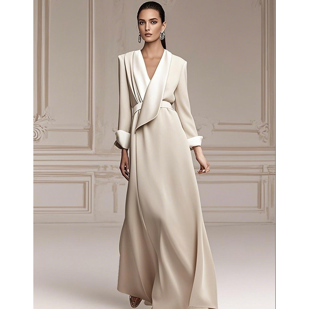 A-Linien-Kleid für die Mutter der Braut, Smokingkleid, elegant, schlicht, minimalistisch, V-Ausschnitt, bodenlang, Satin, lange Ärmel, mit Farbblock, 2025 Lightinthebox