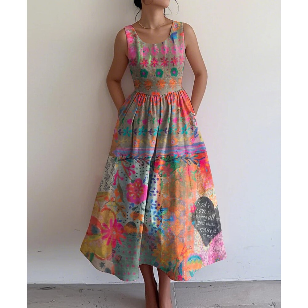 Damen Midikleid Sommerkleid Urlaub Lässig Täglich Date Ausgehen Normale Passform Blumen Grafik Ärmellos U-Ausschnitt Regenbogen Sommer Lightinthebox