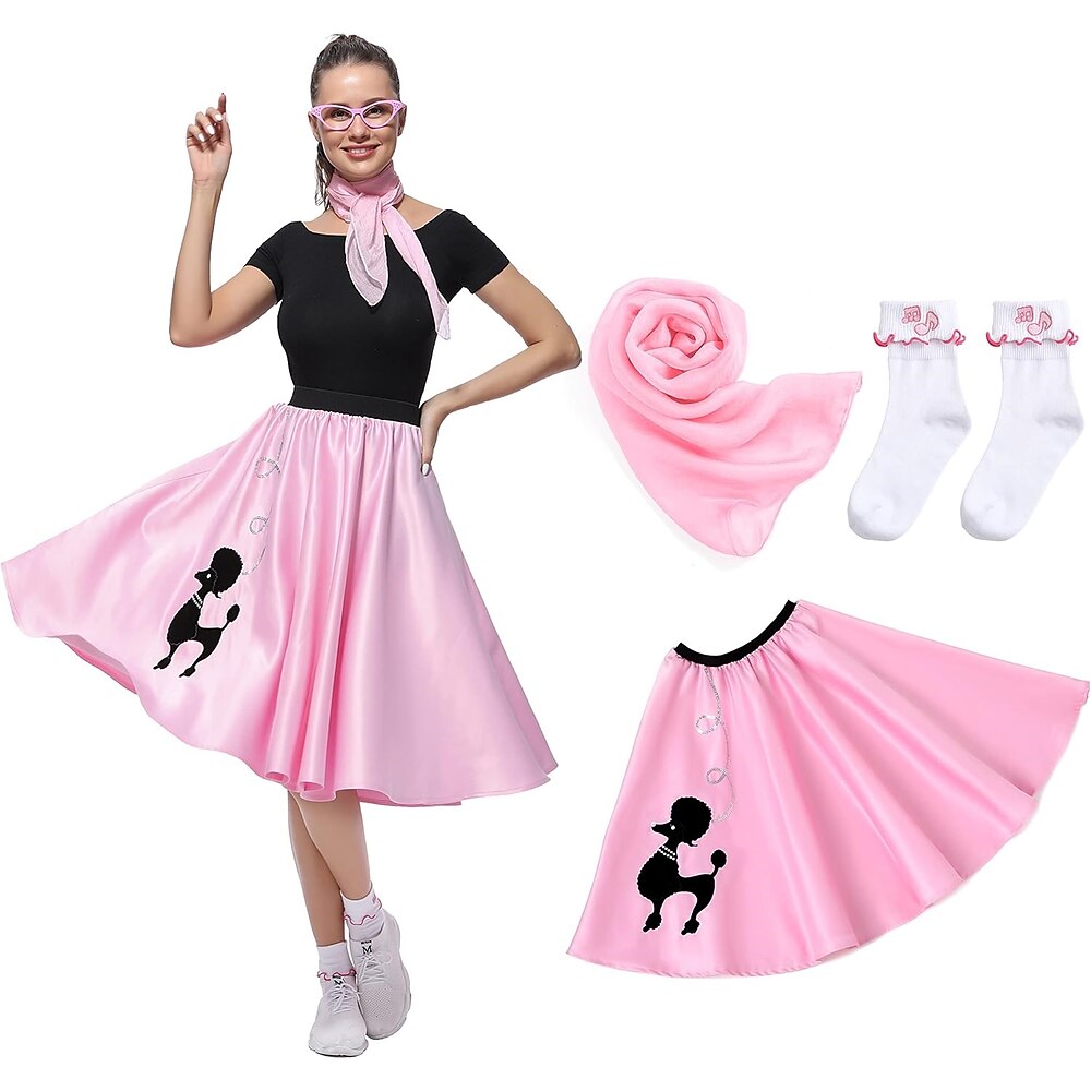 Sock-Hop-Kostüm für Damen, 50er-Jahre-Pudelkleid, Kostüm, 50er-Jahre-Pudelrock, Schal und Socken Lightinthebox