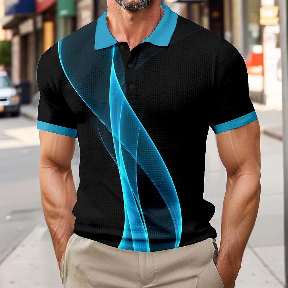 Herren Sommer Geometrisch Linie Waffel-Poloshirts Kurzarm Polo-Shirts Hemden mit Kragen Business-Casual Outdoor Geschäft Alltagskleidung Knöpfe 3D-Druck Rote Blau Purpur Lightinthebox
