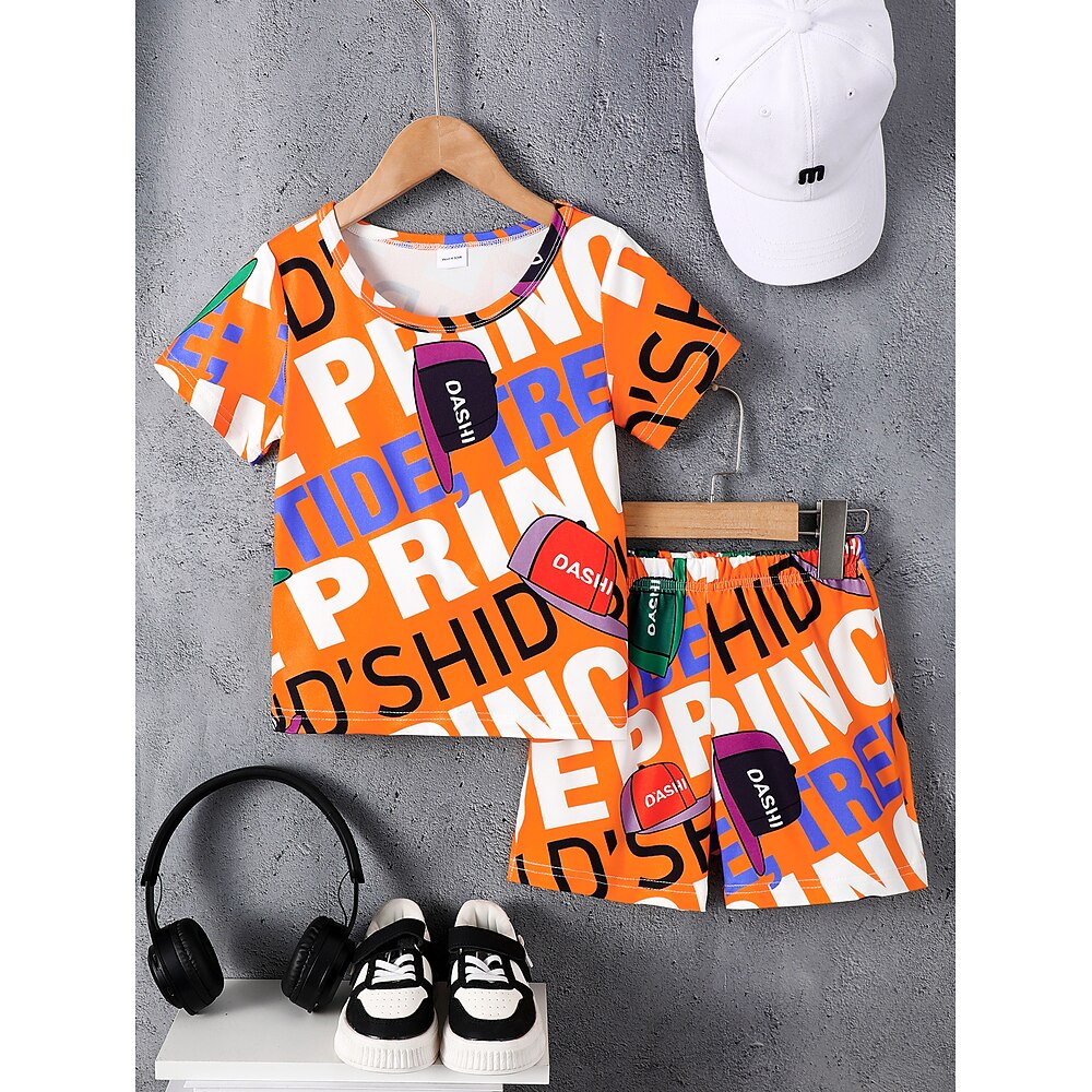 2 Stück Kleinkind Jungen T-Shirt Shorts Outfit Hut Buchstabe Kurzarm Set Schule Mode Täglich Sommer 4-7 Jahre Orange Lightinthebox