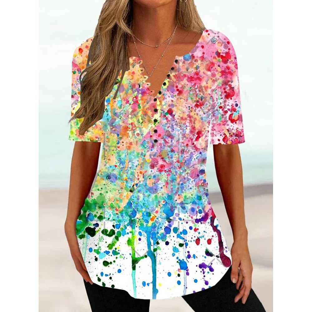 Damen T Shirt Ombre Blumen Basic Kurzarm Rundhals Normale Oberteile Täglich Ausgehen Wochenende Knöpfe Druck Rosa Sommer Frühling Lightinthebox