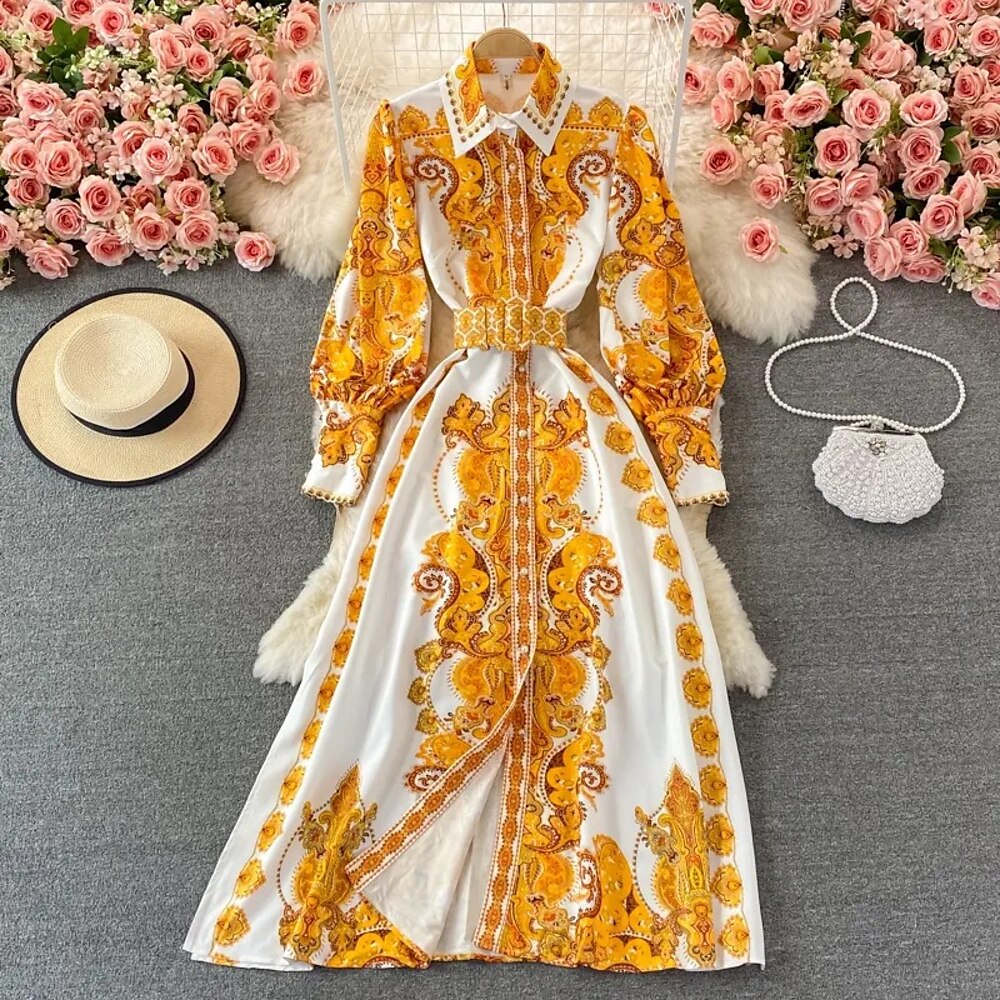 Damen Midikleid Boho-Kleid Mode Klassisch Urlaub Ausgehen Wochenende Normale Passform Blume Langarm Hemdkragen Gelb Sommer Lightinthebox