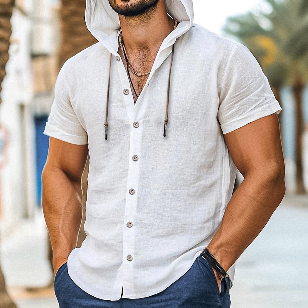 Herren Hemd leinenhemd Freizeithemd Knopfhemd Einfarbig Urlaub Straße Schwarz Weiß Marineblau Braun Kurzarm Mit Kapuze Sommer Bekleidung Verstellbare Kordelzughaube Lightinthebox