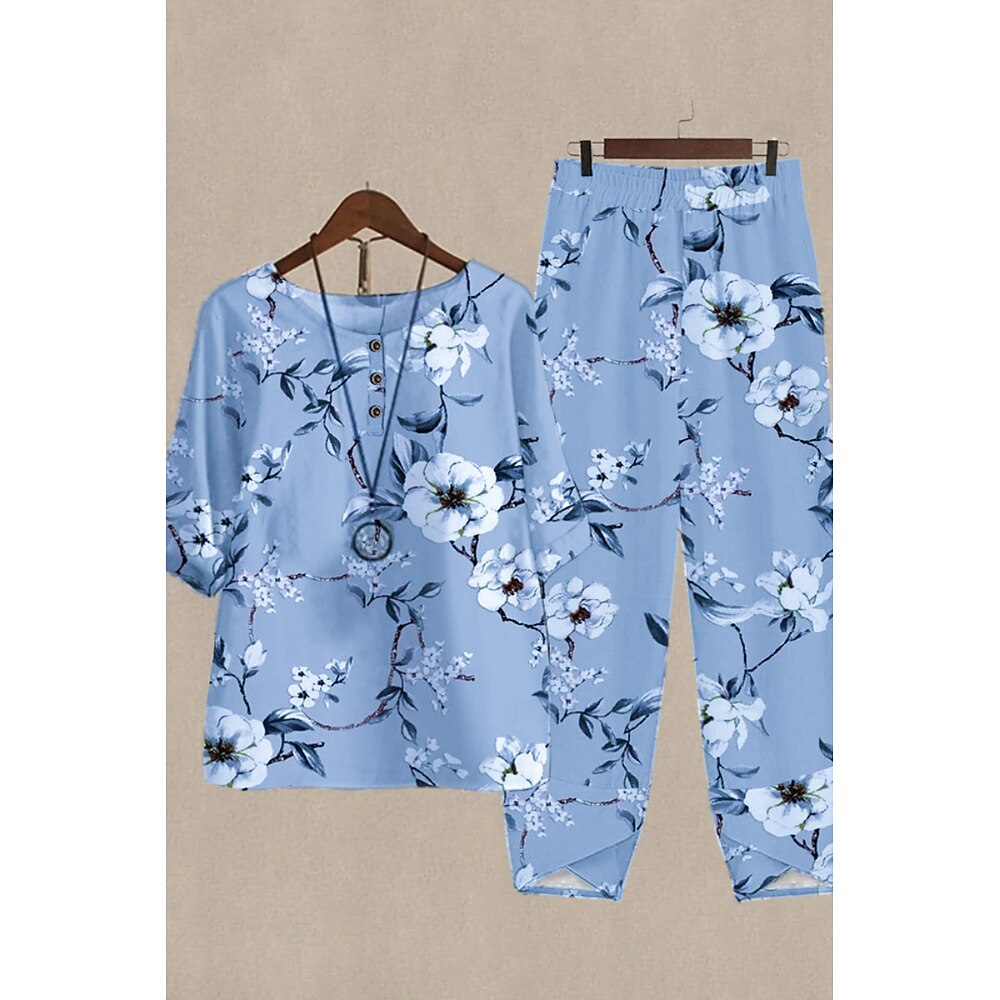 Damen Aktiv Mode Bluse Hosen-Sets Halbarm V Ausschnitt Blumen Druck Alltagstauglich Wochenende Dunkelpink Königsblau Grün Sommer Normale Passform Lightinthebox