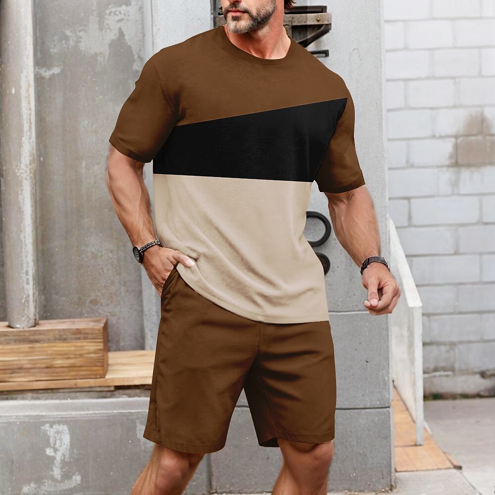 Herren Horizontale Streifen 2St T-Shirts-Sets Sommeroberteile Kurzarm Kurze Hosen Rundhalsausschnitt Sport Lässig Outdoor Urlaub Sport 3D-Druck Schwarz Braun Dunkelblau Lightinthebox