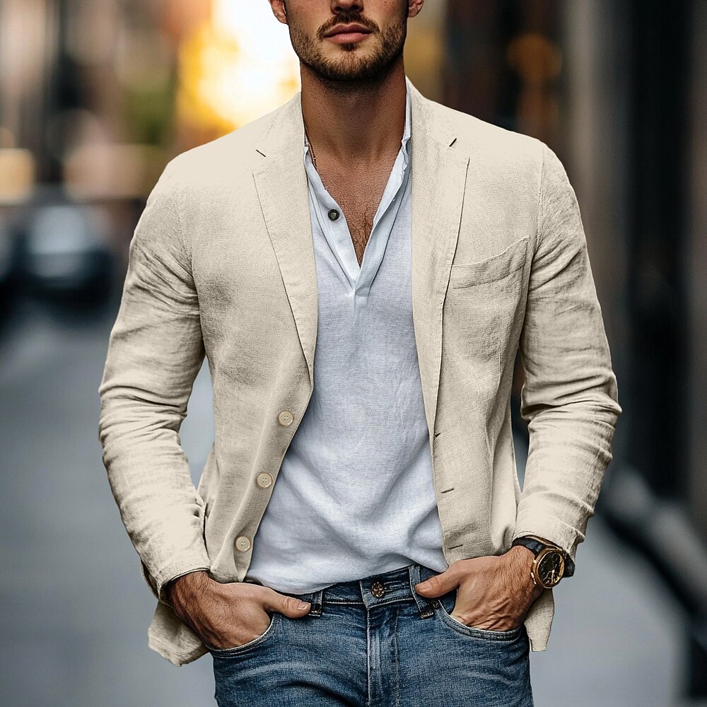Herren Leichte Jacke Blazer-Jacke Formal B¨¹ro Modisch Täglich Frühling Sommer Baumwolle und Leinen Feste Farbe Bequem Einreihiger Verschluss Blazer Hellgrün Marineblau Braun Kaki Lightinthebox