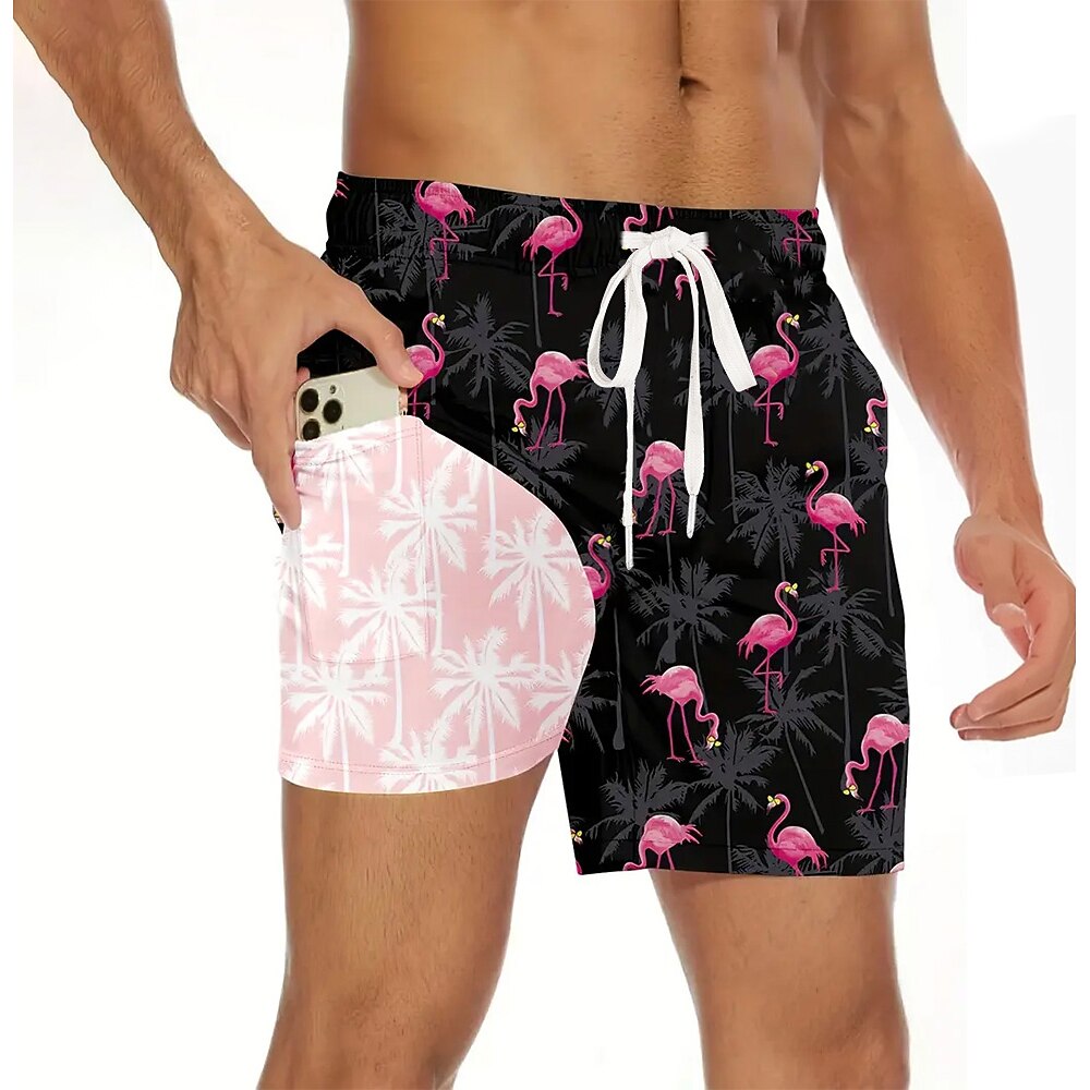 Herren Flamingo Kokospalme Gefütterte Shorts 2 in 1 Badeshorts Badeshorts Mittlere Taille Hawaiianisch Urlaub Strandbekleidung Seitentaschen Mit Kompressionsfutter Elastischer Kordelzug in der Taille Lightinthebox
