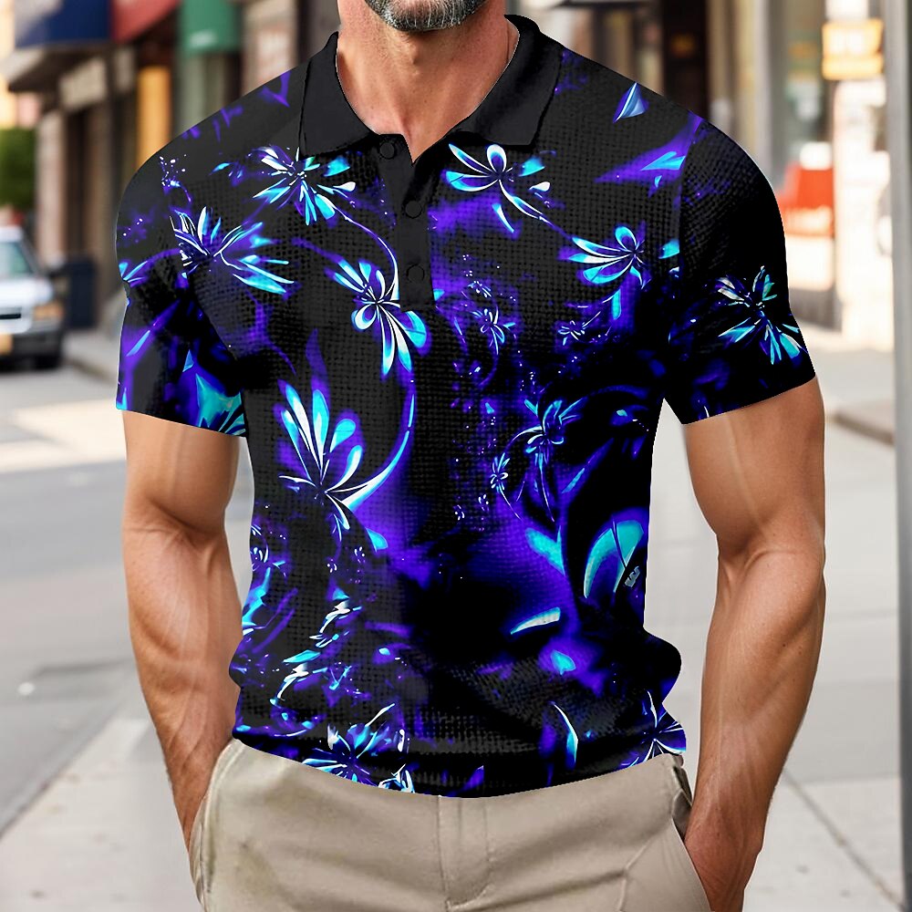 Herren Sommer Blumen Waffel-Poloshirts Kurzarm Polo-Shirts Hemden mit Kragen Business-Casual Outdoor Geschäft Athleisure Knöpfe 3D-Druck Blau Purpur Grün Lightinthebox