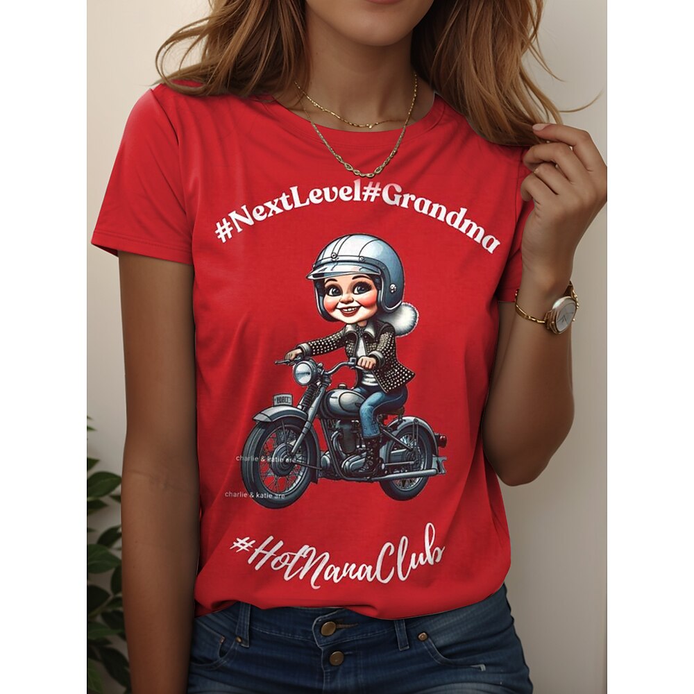 Damen T Shirt Grafik Buchstabe Stilvoll Lässig Kurzarm Rundhalsausschnitt Rundhals Normale Oberteile Täglich Wochenende Druck Schwarz Rote Sommer Frühling Grandmas Motorcycle Lightinthebox