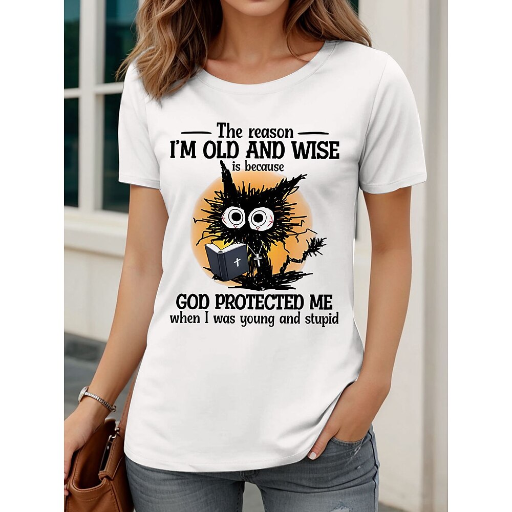 Damen T Shirt Grafik Katze Buchstabe Lässig Kurzarm Rundhals Normale Oberteile Täglich Druck Schwarz Weiß Rosa Sommer Lightinthebox