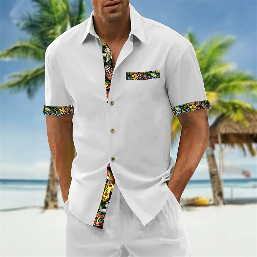 Herren Hemd Sommerhemd Freizeithemd Strandhemd Knopfhemd Schwarz Weiß Wein Grün Dunkelgray Kurzarm Druck Revers Urlaub Hawaiianisch Bekleidung Polyester Mode Lässig Bequem Lightinthebox