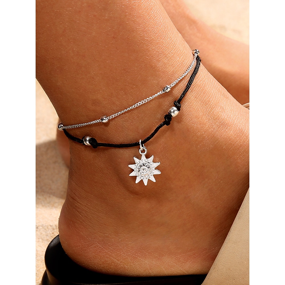 Boho-Fußkettchen mit Sonnenanhänger für Damen - verstellbarer mehrlagiger Strand-Fußschmuck, Fußkettchen aus Silberkette und schwarzer Kordel für Sommer, Urlaub und den Alltag Lightinthebox