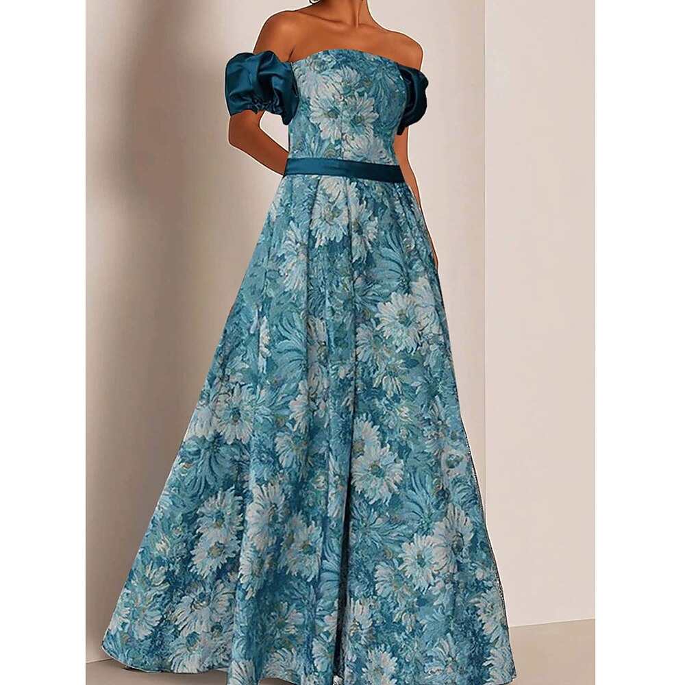 A-Linie Quinceanera-Kleider Party Kleid Hochzeit Hochzeitsgast Bodenlang Kurzarm Schulterfrei Polyester Rückenfrei mit Blumenmuster 2025 Lightinthebox