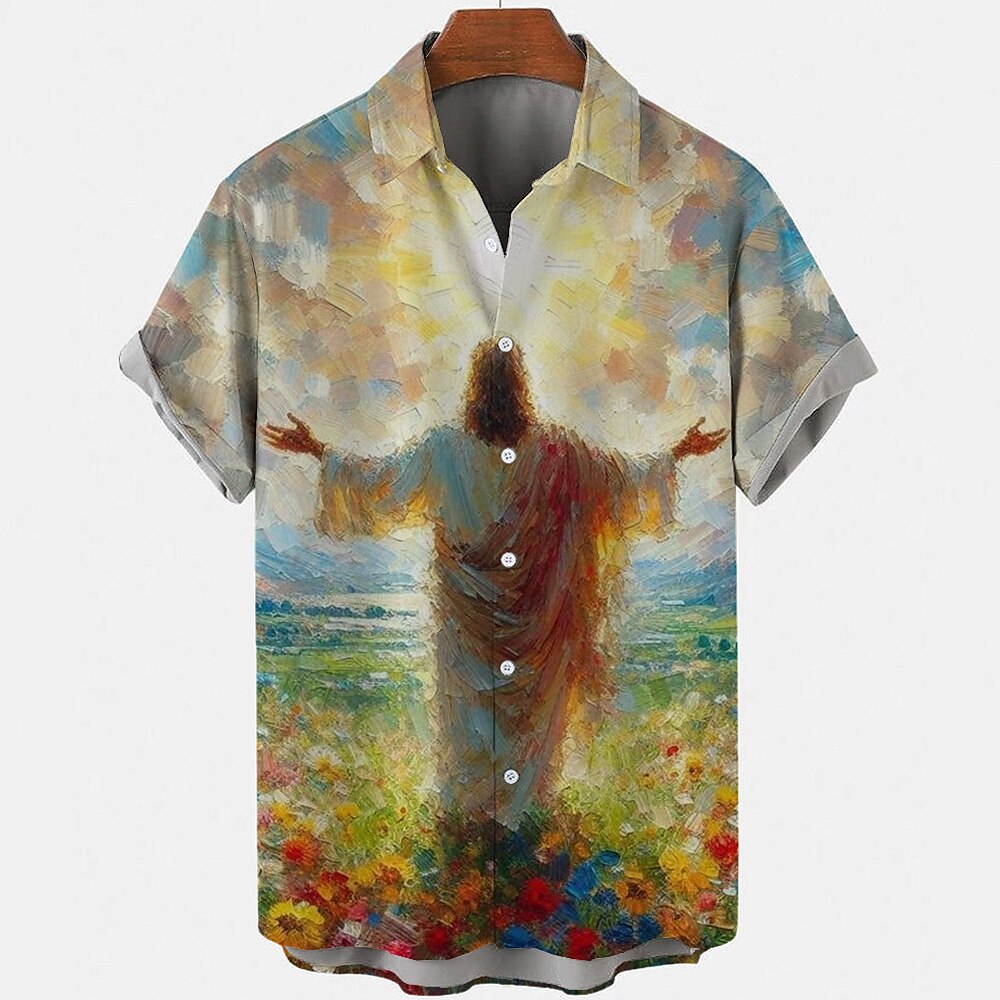 Ostern Herren Blumendruck Jesus Blumen Hemd Freizeithemd Knopfhemd Kurzarm Vintage-Retro Urlaub Ferien Festival Sommer Frühling Umlegekragen 3D-Druck Hemden mit Kragen Blau Hellblau Lightinthebox