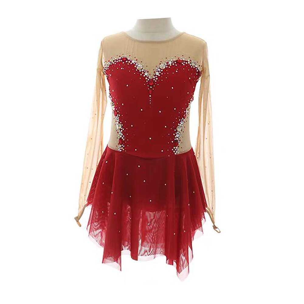 Eiskunstlaufkleid Damen Mädchen Eislaufen Kleid Burgund Patchwork Daumenloch Netzstoff Spandex Dehnbar Training Übung Professionell Eiskunstlaufkleidung Thermowarm Kristall / Strass Langarm Eislaufen Lightinthebox