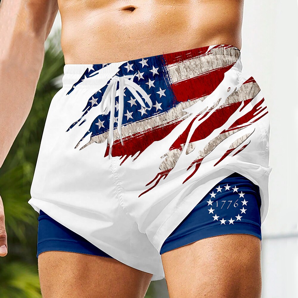 Herren US Flagge Patriotisch 1776 Gefütterte Shorts 2 in 1 Badeshorts Badeshorts Mittlere Taille Hawaiianisch Urlaub Strandbekleidung Seitentaschen Mit Kompressionsfutter Elastischer Kordelzug in der Lightinthebox