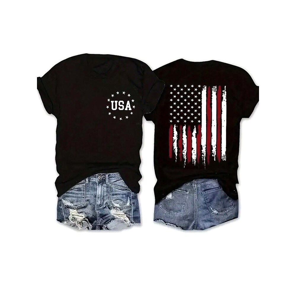 Amerikanischer Unabhängigkeitstag Damen T Shirt Grafik Flagge Amerikanische Flagge Basic Lässig Kurzarm Rundhals Normale Oberteile Täglich Druck Schwarz Sommer Lightinthebox