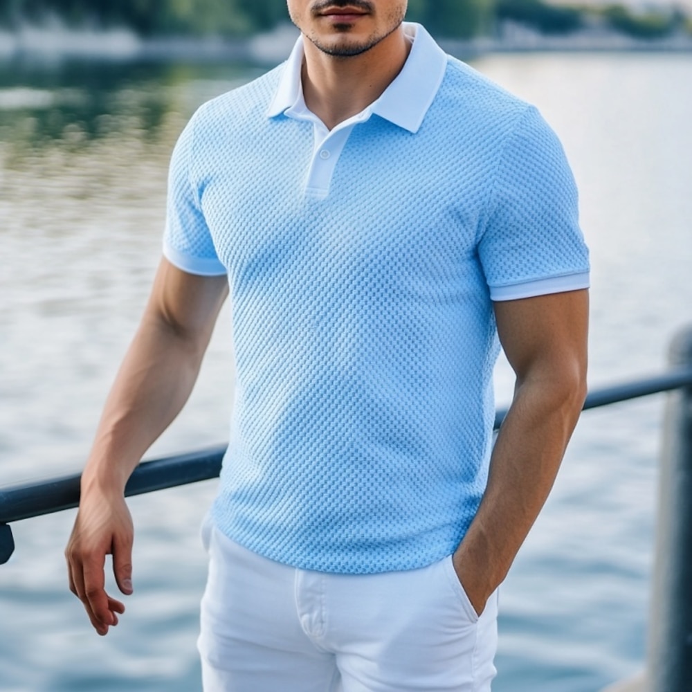 Herren Golfhemd Poloshirt aus Waffelstrick Geschäft Casual Klassisch Kurzarm Modisch Modern Feste Farbe Knopf Sommer Frühling Regular Fit Blau Golfhemd Lightinthebox