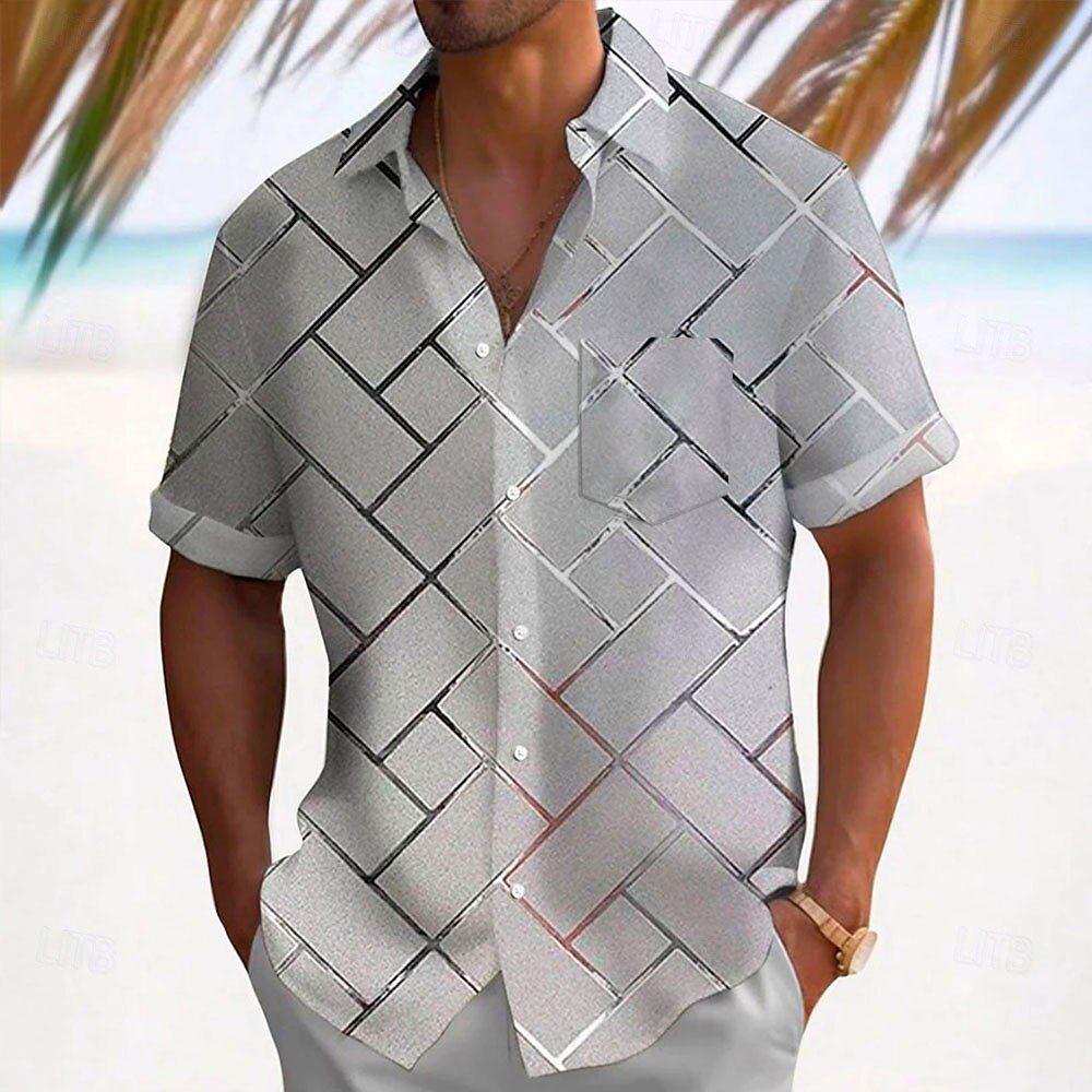 Herren Geometrisch Karo / Karomuster Hemd Freizeithemd Knopfhemd Kurzarm Modisch lässig Urlaub Ferien Streetwear Sommer Frühling Umlegekragen 3D-Druck Hemden mit Kragen Eine Tasche vorne Grau Lightinthebox