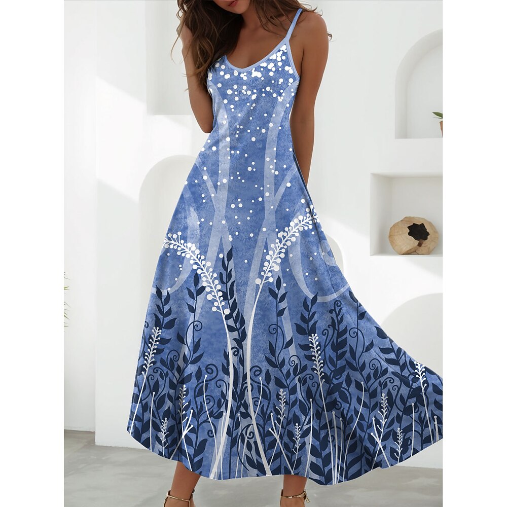 Damen Maxikleid A Linie Kleid Sommerkleid Unterkleid Urlaub Lässig Täglich Normale Passform Blumen Grafik Ärmellos V Ausschnitt Rosa Blau Grau Sommer Frühling Lightinthebox