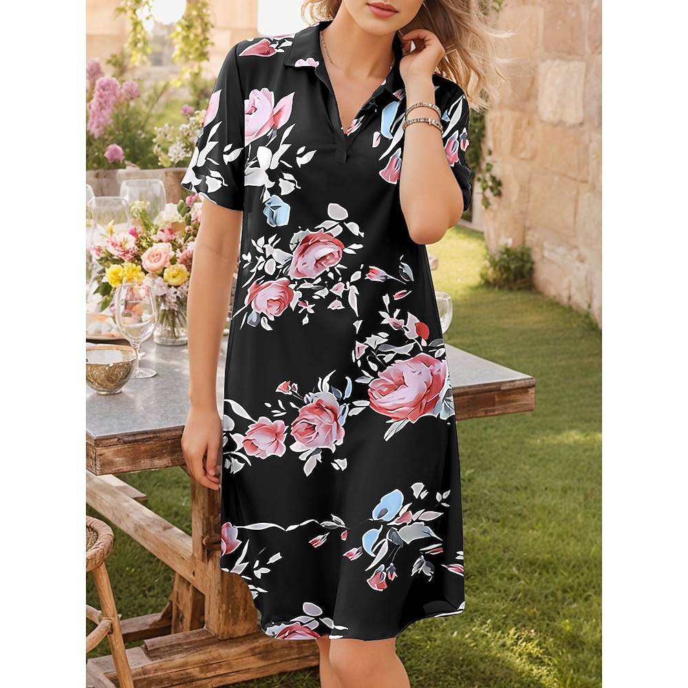 Damen Minikleid Hemdkleid A-Linien Kleid Urlaub Casual Daily Date Regular Fit Blumen Grafik Kurzarm Hemdkragen Schwarz Sommer Frühling Lightinthebox
