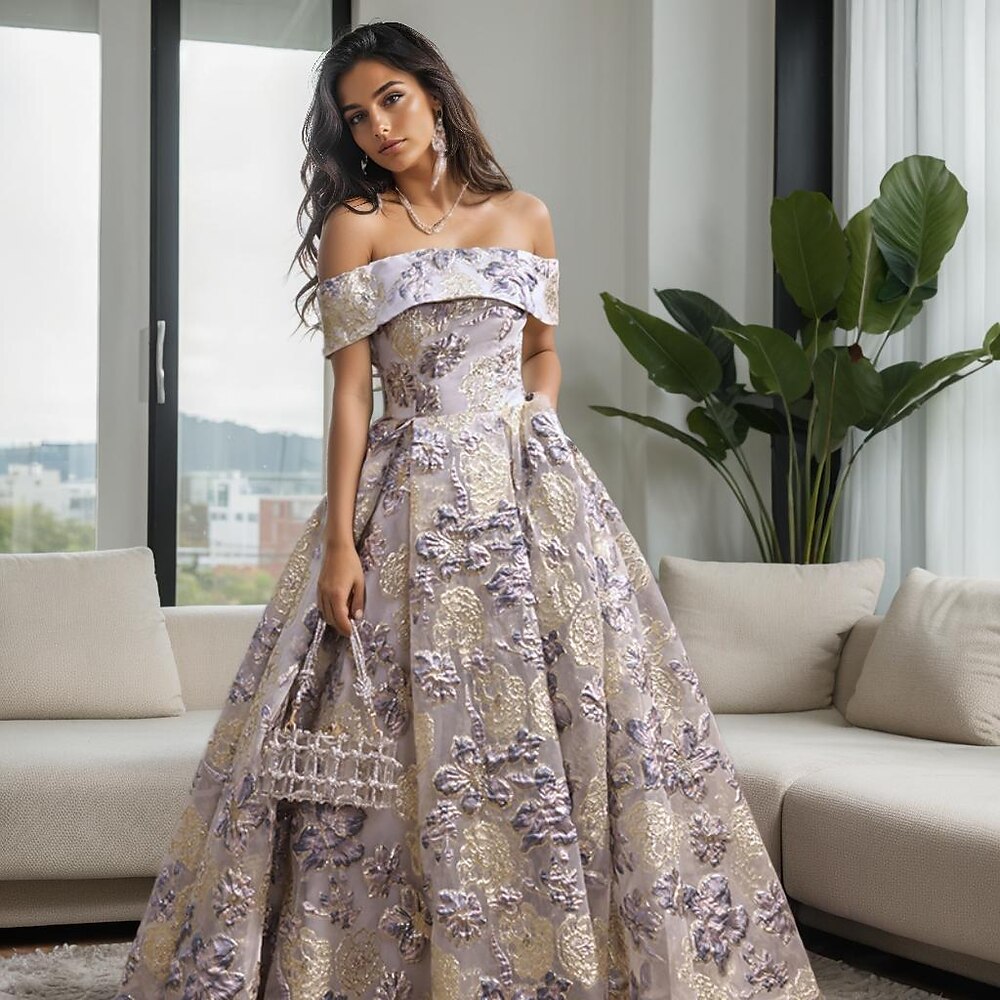 A-Linien-Ballkleider, elegantes Kleid für Hochzeitsgäste, Abendparty, bodenlang, schulterfrei, Ärmel mit Blumendruck, Jacquard 2025 Lightinthebox