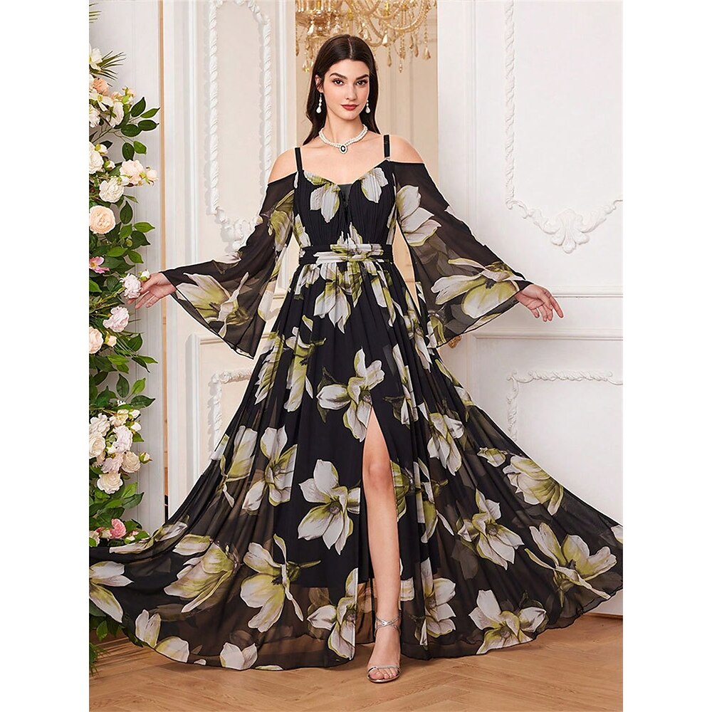 Kleid Brautmutterkleid Elegant Lässig V Ausschnitt Bodenlang Chiffon Langarm mit Schärpe / Band Falten 2025 Lightinthebox