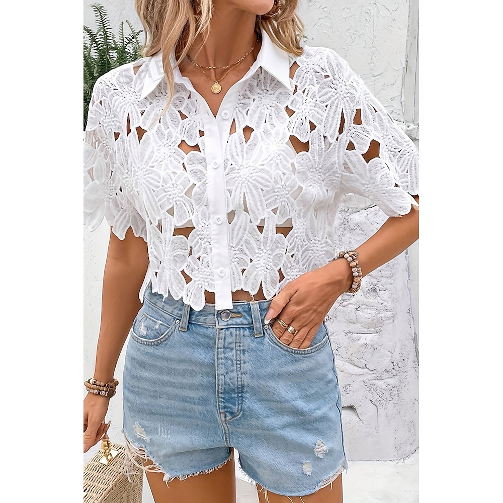 Damen Hemd Bluse Glatt Täglich Stilvoll Brautkleider schlicht Kurzarm Hemdkragen Crop Tops Täglich Festtage Ausgehen Spitze Weiß Sommer Lightinthebox