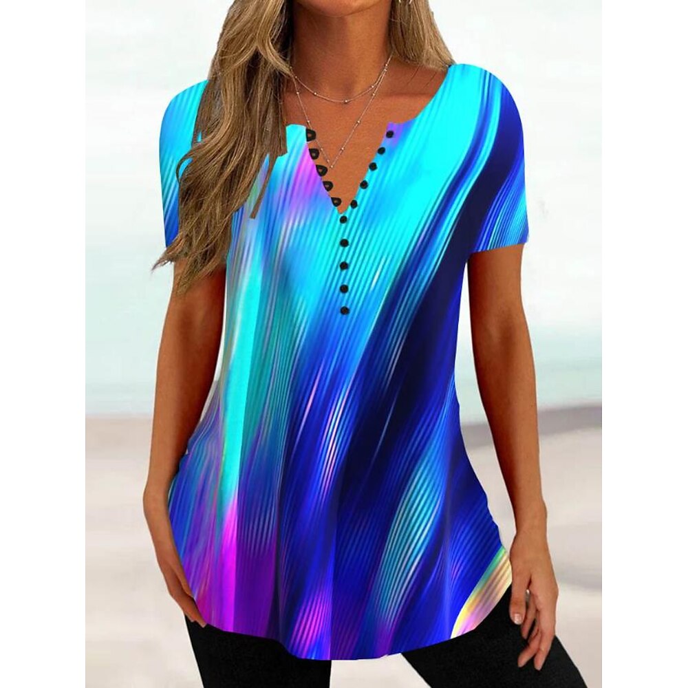 Damen T Shirt Ombre Blumen Basic Kurzarm Rundhals Normale Oberteile Täglich Ausgehen Wochenende Knöpfe Druck Blau Himmelblau Orange Grün Sommer Frühling Lightinthebox