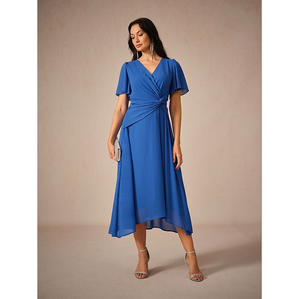 Damen Midikleid Chiffonkleid Elegant Normale Passform Einfarbig Kurzarm V Ausschnitt Königliches Blau Sommer Frühling Lightinthebox