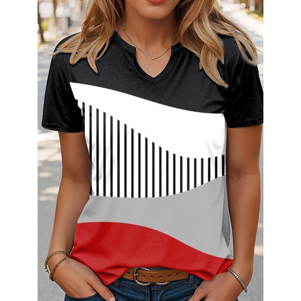Damen T Shirt Grafik Geometrisch Gestreift Stilvoll Lässig Kurzarm Einkerbiger Ausschnitt Normale Oberteile Täglich Wochenende Druck Rote Blau Purpur Grün Sommer Frühling Lightinthebox