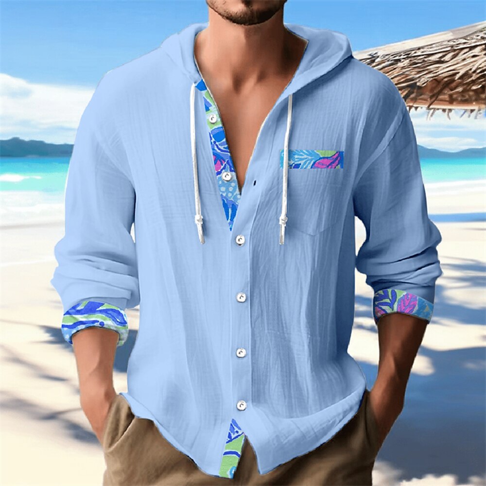 Herren Hemd leinenhemd Sommerhemd Strandhemd Einfarbig Urlaub Ferien Blau Langarm Mit Kapuze Bekleidung Lightinthebox