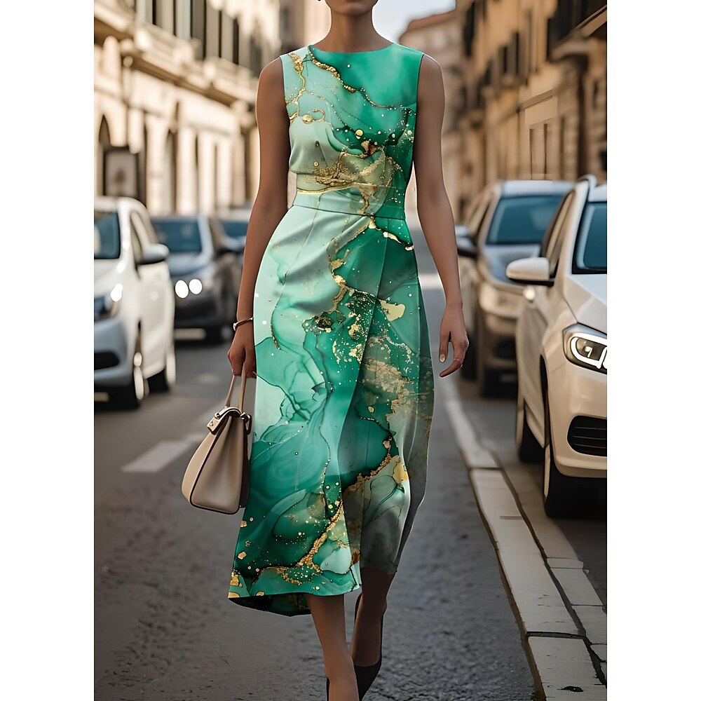 Damen Midikleid Etui-Kleid Lässig Formell Halbformelle Kleider Büro Täglich Grafik Ärmellos Rundhalsausschnitt Blau Purpur Grün Rosa Sommer Frühling Lightinthebox