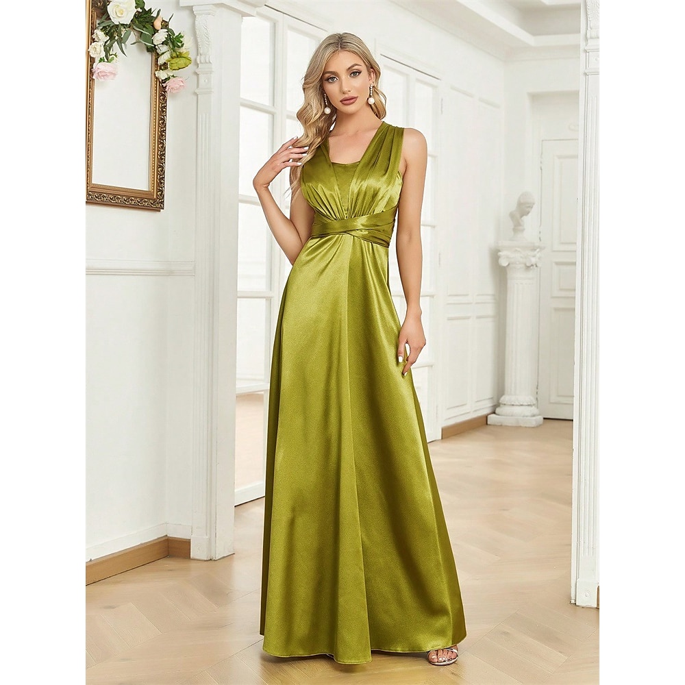 A-Linie Abendkleider Elegant Kleid Formal Abendgesellschaft Boden-Länge Ärmellos V Ausschnitt Satin mit Gerafft 2025 Lightinthebox