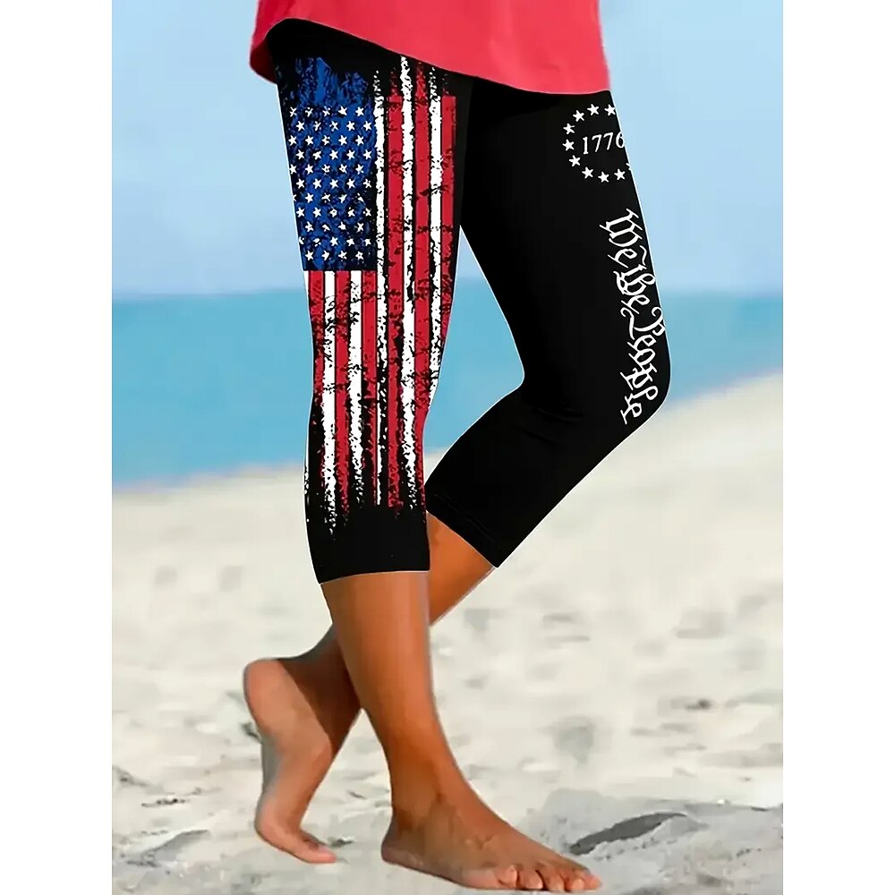 Damen Leggings Urlaub Mode Hawaiianisch Wadenlang Mittlere TaillePantsAmerikanischer Unabhängigkeitstag Grafik Amerikanische Flagge Drucken Atmungsaktiv Weich Mikroelastisch Urlaub Lässig Täglich Lightinthebox