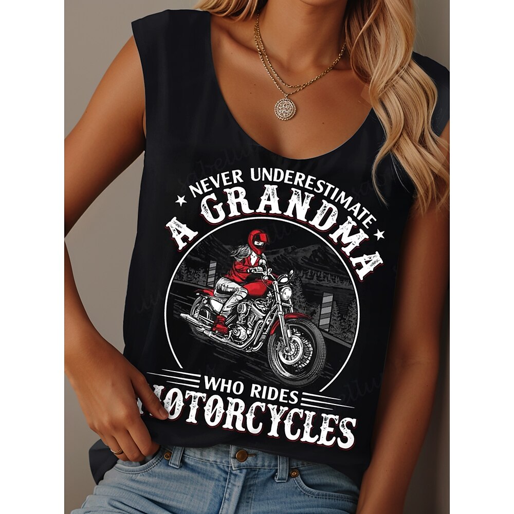 Damen Camisole-Tanktop Grafik Buchstabe Lässig Ärmellos Rundhalsausschnitt Normale Oberteile Täglich Druck Schwarz Sommer Grandmas Motorcycle Lightinthebox