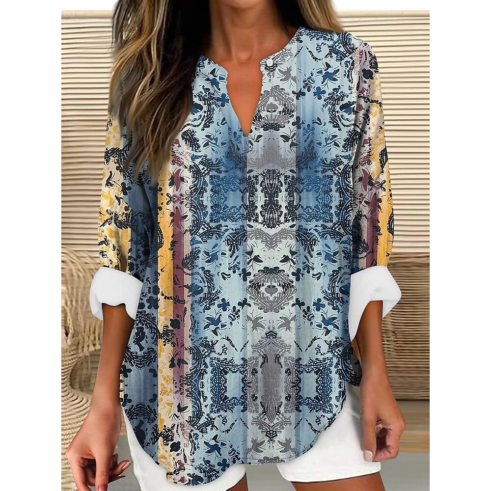 Damen Bluse Blumen Grafik Vintage Täglich Langarm V Ausschnitt Normale Oberteile Täglich Ferien Urlaubskleidung Druck Blau Sommer Frühling Lightinthebox