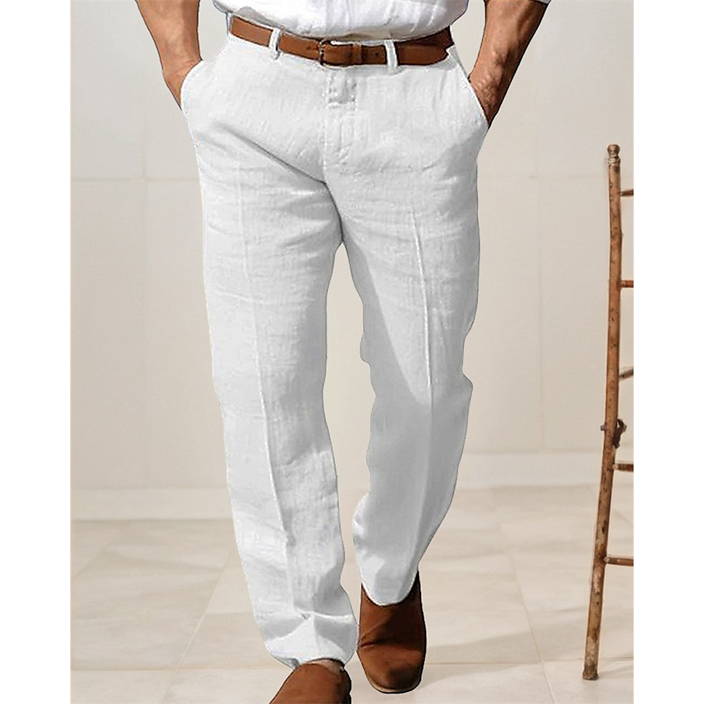 Herren Leinenhose Hose Hosen Sommerhosen Strandhose Knopf Tasche Glatt Komfort Atmungsaktiv Urlaub Täglich Festtage Hawaiianisch Boho Schwarz Weiß Lightinthebox