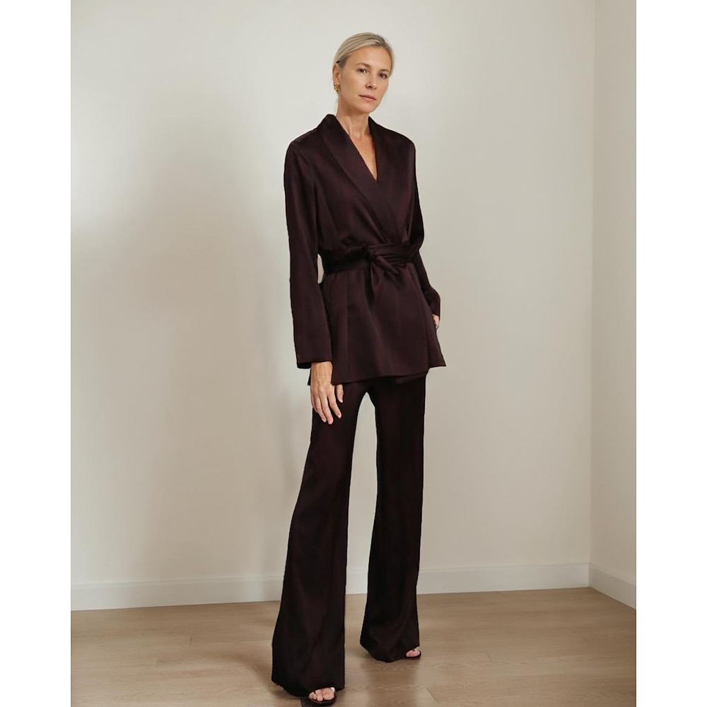 Jumpsuit / Hosenanzug Mutter der Braut Anzug Blazer Schal Revers elegant Vintage schlicht V-Ausschnitt lange Ärmel mit Wickel an der Taille bodenlange Schlaghose Stretch Satin 2025 Lightinthebox